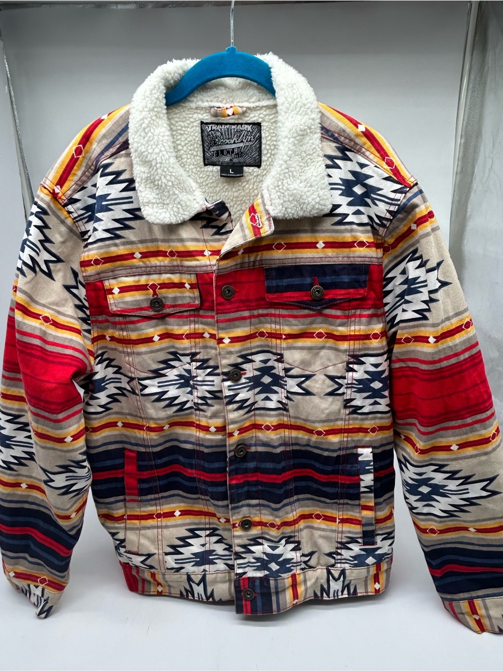 Brooklyn Cloth Sherpa Lined Aztec Print Trucker/Western Style Jacket Large